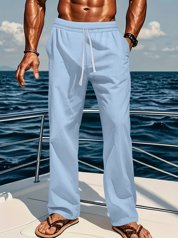 Határokon átnyúló Amazon Tm új lenvászon laza és kényelmes férfi lélegző, napsütéses, tiszta színű, egyenes szabású, lezser pamut és lenvászon nadrág