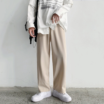 Nyári, drapézott, kis szabású, férfi egyenes, bő, koreai stílusú, divatos, sötét, lezser, bő szárú, legördülő öltönynadrág