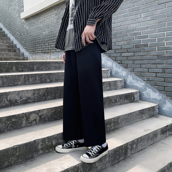 Nyári, drapézott, kis szabású, férfi egyenes, bő, koreai stílusú, divatos, sötét, lezser, bő szárú, legördülő öltönynadrág