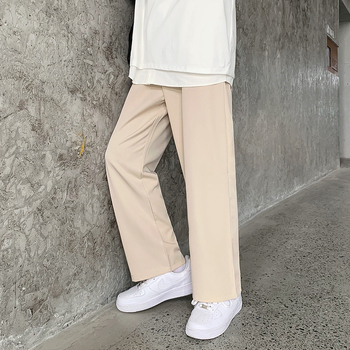 Nyári, drapézott, kis szabású, férfi egyenes, bő, koreai stílusú, divatos, sötét, lezser, bő szárú, legördülő öltönynadrág