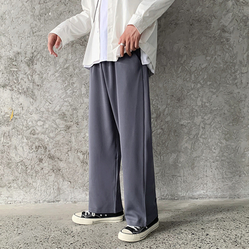 Nyári, drapézott, kis szabású, férfi egyenes, bő, koreai stílusú, divatos, sötét, lezser, bő szárú, legördülő öltönynadrág