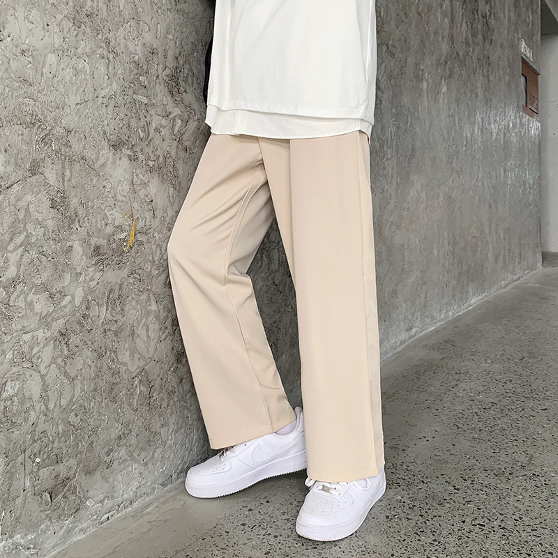 Nyári, drapézott, kis szabású, férfi egyenes, bő, koreai stílusú, divatos, sötét, lezser, bő szárú, legördülő öltönynadrág