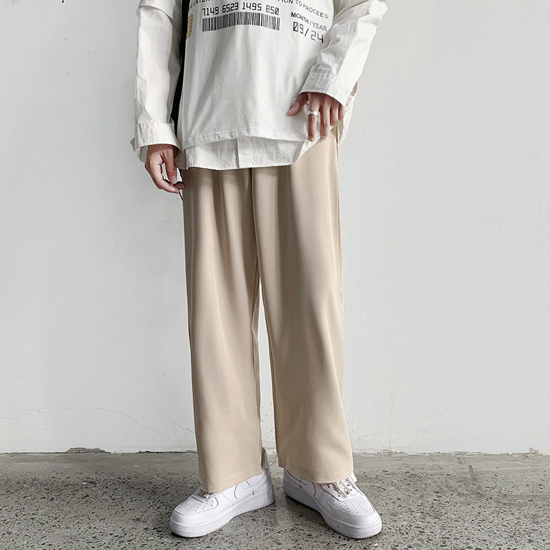 Nyári, drapézott, kis szabású, férfi egyenes, bő, koreai stílusú, divatos, sötét, lezser, bő szárú, legördülő öltönynadrág