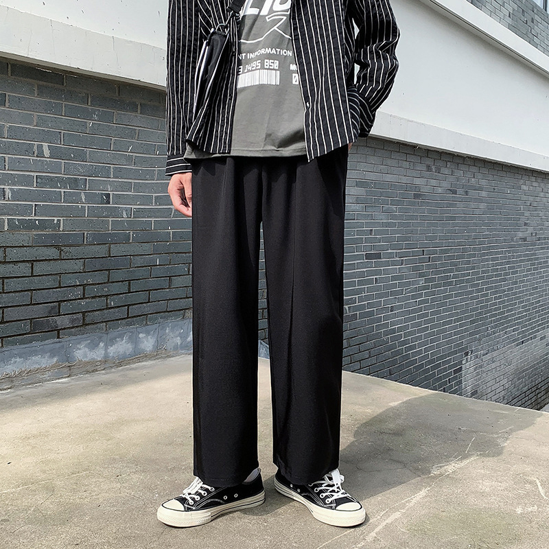 Nyári, drapézott, kis szabású, férfi egyenes, bő, koreai stílusú, divatos, sötét, lezser, bő szárú, legördülő öltönynadrág