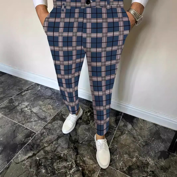 Τετράγωνο καρό παντελόνι με γεωμετρική εκτύπωση, στενή εφαρμογή, ανδρικό άνετο παντελόνι για δουλειά και μετακινήσεις MR7