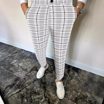 Τετράγωνο καρό παντελόνι με γεωμετρική εκτύπωση, στενή εφαρμογή, ανδρικό άνετο παντελόνι για δουλειά και μετακινήσεις MR7