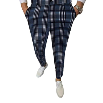 Τετράγωνο καρό παντελόνι με γεωμετρική εκτύπωση, στενή εφαρμογή, ανδρικό άνετο παντελόνι για δουλειά και μετακινήσεις MR7