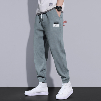 Pantaloni casual din mătase de gheață pentru bărbați, coreeni, de primăvară și de vară, ultra-subțiri, crop, pantaloni sport largi, legați la gleznă, pantaloni sport, pantaloni de aprovizionare pentru bărbați