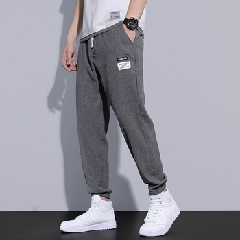 Pantaloni casual din mătase de gheață pentru bărbați, coreeni, de primăvară și de vară, ultra-subțiri, crop, pantaloni sport largi, legați la gleznă, pantaloni sport, pantaloni de aprovizionare pentru bărbați