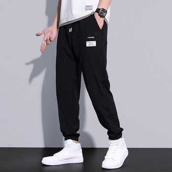Pantaloni casual din mătase de gheață pentru bărbați, coreeni, de primăvară și de vară, ultra-subțiri, crop, pantaloni sport largi, legați la gleznă, pantaloni sport, pantaloni de aprovizionare pentru bărbați