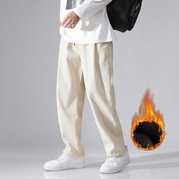 Pantaloni largi din catifea reiată pentru bărbați, căptușiți cu fleece, de toamnă și de iarnă, lungi și lejeri, cu talie elastică, pantaloni casual japonezi pentru bărbați