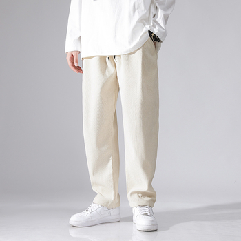 Pantaloni largi din catifea reiată pentru bărbați, căptușiți cu fleece, de toamnă și de iarnă, lungi și lejeri, cu talie elastică, pantaloni casual japonezi pentru bărbați