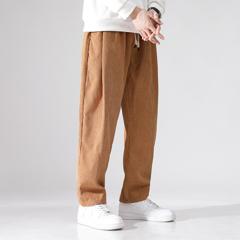 Pantaloni largi din catifea reiată pentru bărbați, căptușiți cu fleece, de toamnă și de iarnă, lungi și lejeri, cu talie elastică, pantaloni casual japonezi pentru bărbați