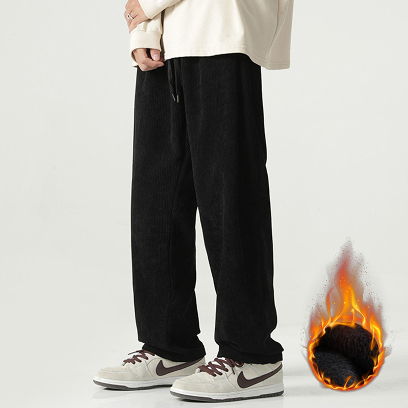 Pantaloni largi din catifea reiată pentru bărbați, căptușiți cu fleece, de toamnă și de iarnă, lungi și lejeri, cu talie elastică, pantaloni casual japonezi pentru bărbați