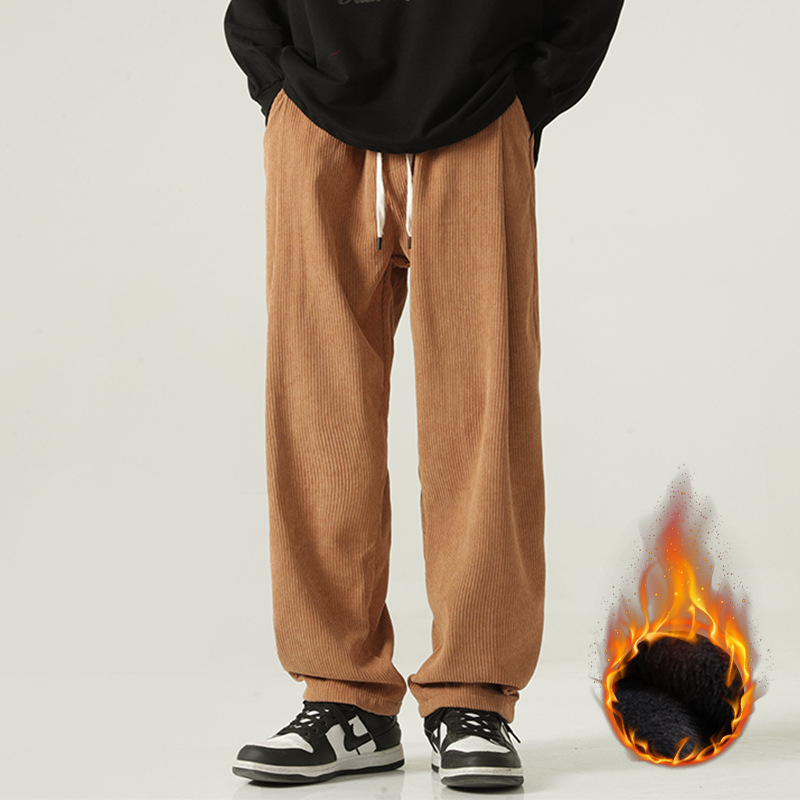 Pantaloni largi din catifea reiată pentru bărbați, căptușiți cu fleece, de toamnă și de iarnă, lungi și lejeri, cu talie elastică, pantaloni casual japonezi pentru bărbați