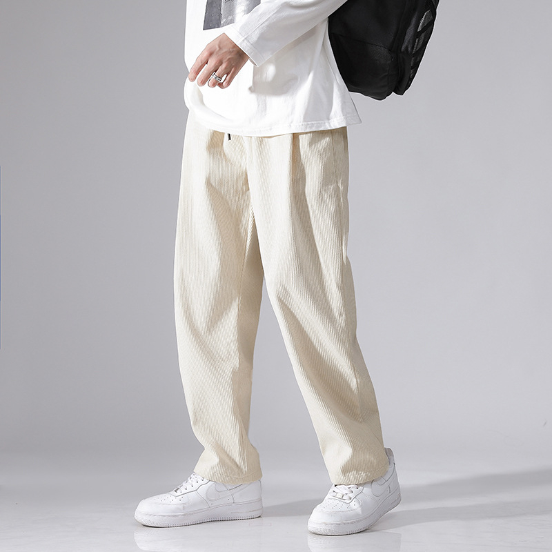 Pantaloni largi din catifea reiată pentru bărbați, căptușiți cu fleece, de toamnă și de iarnă, lungi și lejeri, cu talie elastică, pantaloni casual japonezi pentru bărbați