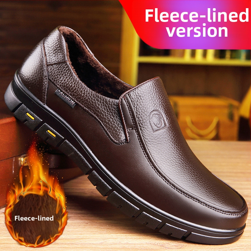 Pantofi de iarnă din bumbac cald, căptușiți cu fleece, 2024, pantofi noi din piele pentru bărbați, strat de cap din piele, cu fund moale, pantofi de afaceri pentru tați de vârstă mijlocie