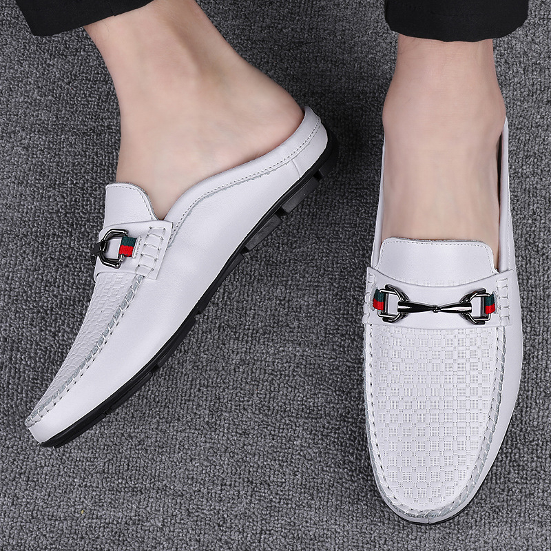 Pantofi de vară cu jumătate de suport, strat superior din piele de vacă, piele moale, fund moale, respirabil, pantofi casual din piele, leneși, cu un singur pas, pentru condus