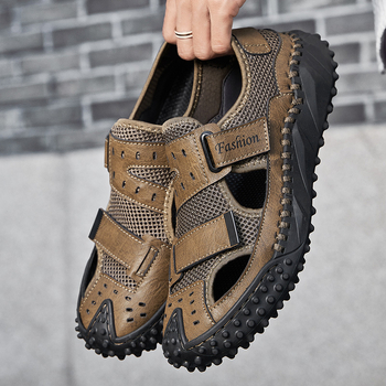 Мъжки обувки с ръчно изработен шев, ежедневни обувки за открито, кожени обувки с катарама, летни, с ниско деколте, големи размери, дишащи мрежести обувки за мъже