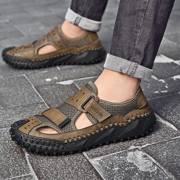 Мъжки обувки с ръчно изработен шев, ежедневни обувки за открито, кожени обувки с катарама, летни, с ниско деколте, големи размери, дишащи мрежести обувки за мъже