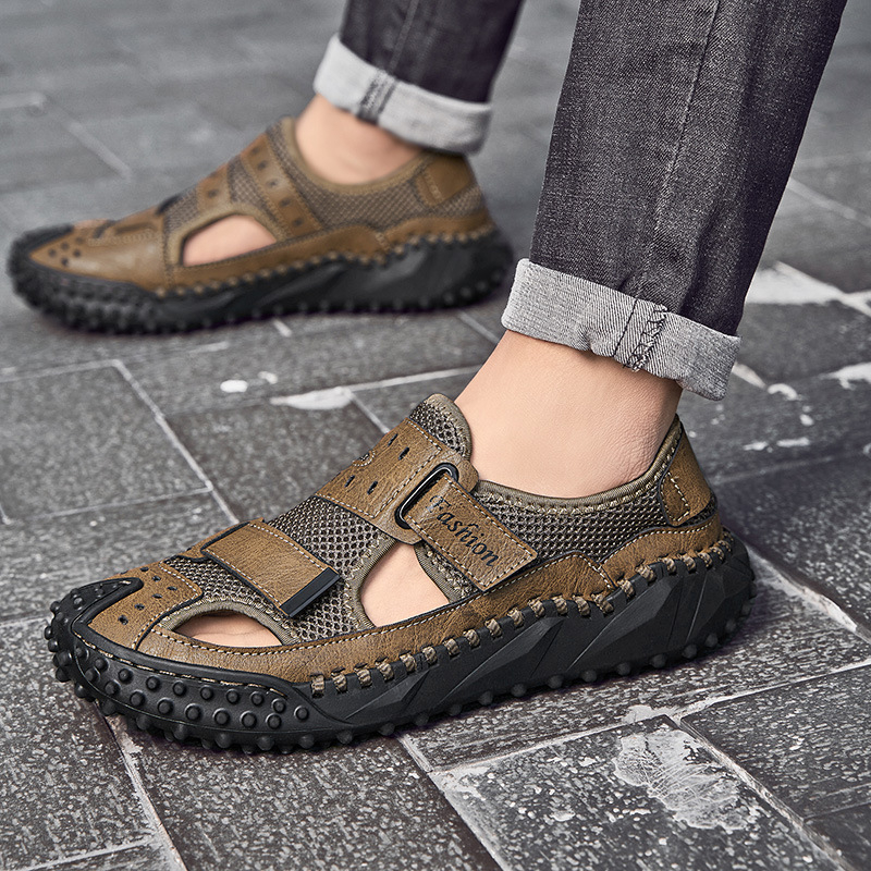 Мъжки обувки с ръчно изработен шев, ежедневни обувки за открито, кожени обувки с катарама, летни, с ниско деколте, големи размери, дишащи мрежести обувки за мъже