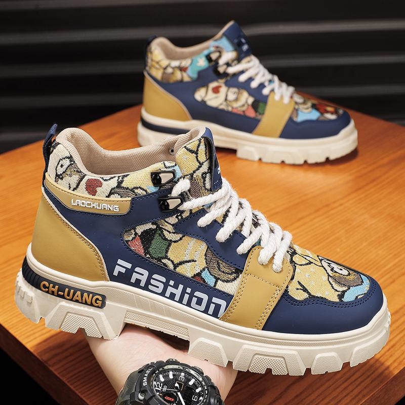 Cartoon Graffiti lõuendikingad, meeste kingad, kõrged tööriistakingad, Korea vabaaja üliõpilasjalatsid, moodsad teksariidest Martini saapad