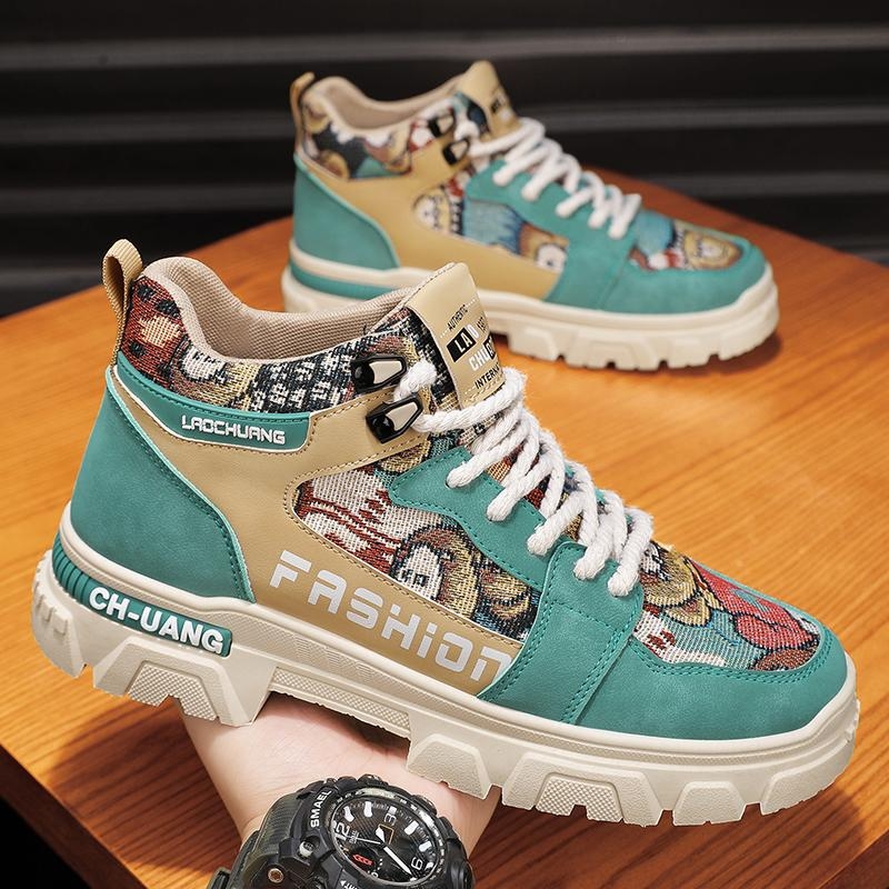 Cartoon Graffiti lõuendikingad, meeste kingad, kõrged tööriistakingad, Korea vabaaja üliõpilasjalatsid, moodsad teksariidest Martini saapad