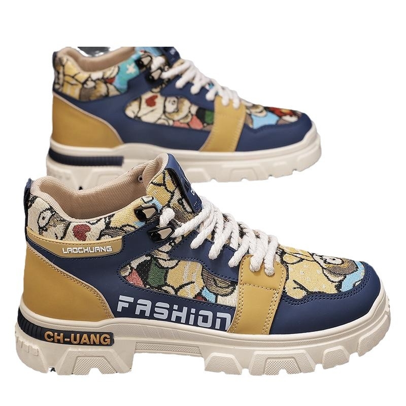 Cartoon Graffiti lõuendikingad, meeste kingad, kõrged tööriistakingad, Korea vabaaja üliõpilasjalatsid, moodsad teksariidest Martini saapad