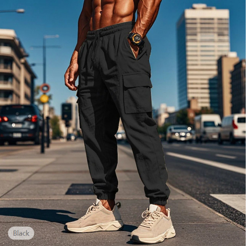 Salopetă nouă Amazon pentru bărbați, pantaloni de jogging, cu talie elastică și cordon, cu buzunare multiple, plată, respirabilă, pentru exterior