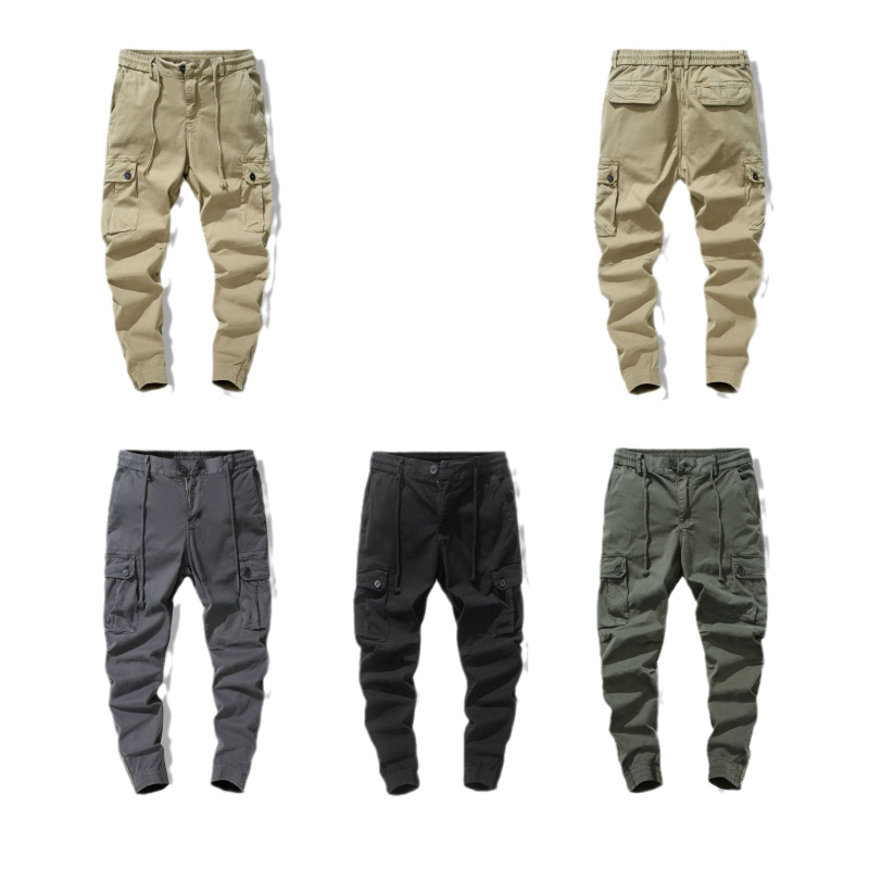 Pantaloni cargo spălați cu mai multe buzunare pentru bărbați, primăvară și toamnă, bumbac pur, elastici, croială dreaptă lejeră, manșete cu fermoar, pantaloni casual W9102, la modă