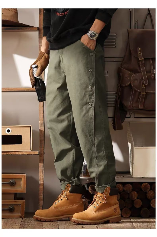 Salopetă de bumbac, marcă de modă, pantaloni de vară retro americani, cu legături la gleznă, pentru bărbați, pantaloni casual cu picior larg, pentru exterior, vânzări directe din fabrică