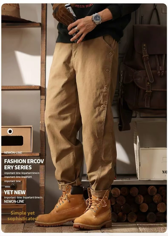 Salopetă de bumbac, marcă de modă, pantaloni de vară retro americani, cu legături la gleznă, pentru bărbați, pantaloni casual cu picior larg, pentru exterior, vânzări directe din fabrică