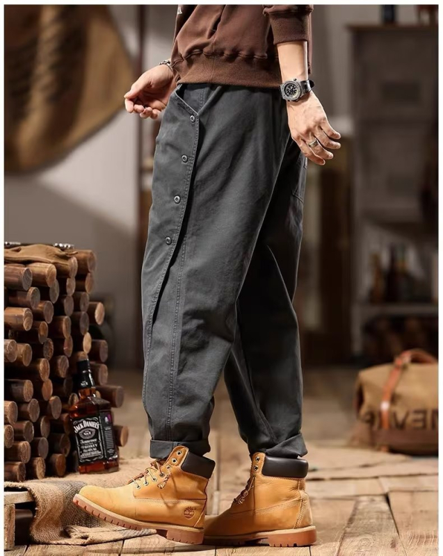 Salopetă de bumbac, marcă de modă, pantaloni de vară retro americani, cu legături la gleznă, pentru bărbați, pantaloni casual cu picior larg, pentru exterior, vânzări directe din fabrică