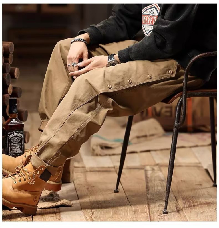 Salopetă de bumbac, marcă de modă, pantaloni de vară retro americani, cu legături la gleznă, pentru bărbați, pantaloni casual cu picior larg, pentru exterior, vânzări directe din fabrică