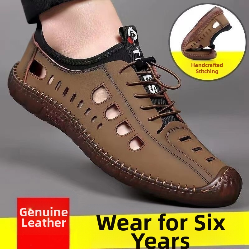 Férfi csúszásgátló, alacsony szárú, puha talpú szandálok, férfi szabadtéri, alkalmi barlangcipők, nyári üreges strandcipők, szandálok marhaínakkal