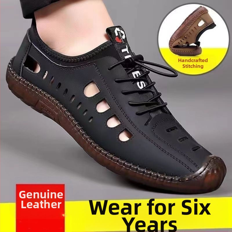 Férfi csúszásgátló, alacsony szárú, puha talpú szandálok, férfi szabadtéri, alkalmi barlangcipők, nyári üreges strandcipők, szandálok marhaínakkal