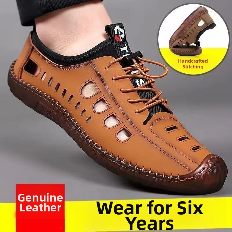 Férfi csúszásgátló, alacsony szárú, puha talpú szandálok, férfi szabadtéri, alkalmi barlangcipők, nyári üreges strandcipők, szandálok marhaínakkal