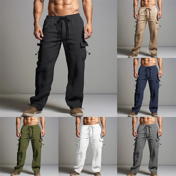 Pantaloni de jogging pentru bărbați, din bumbac și in, de vară, pentru plajă, cu talie elastică și șnur, cu mai multe buzunare, culoare uni, salopetă casual respirabilă