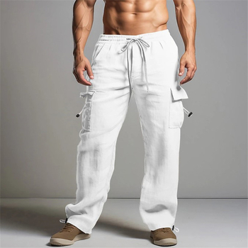 Pantaloni de jogging pentru bărbați, din bumbac și in, de vară, pentru plajă, cu talie elastică și șnur, cu mai multe buzunare, culoare uni, salopetă casual respirabilă