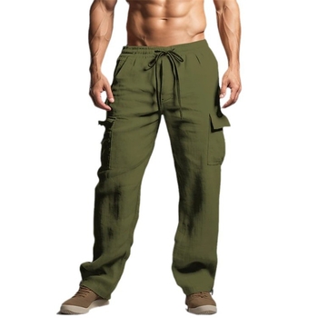 Pantaloni de jogging pentru bărbați, din bumbac și in, de vară, pentru plajă, cu talie elastică și șnur, cu mai multe buzunare, culoare uni, salopetă casual respirabilă