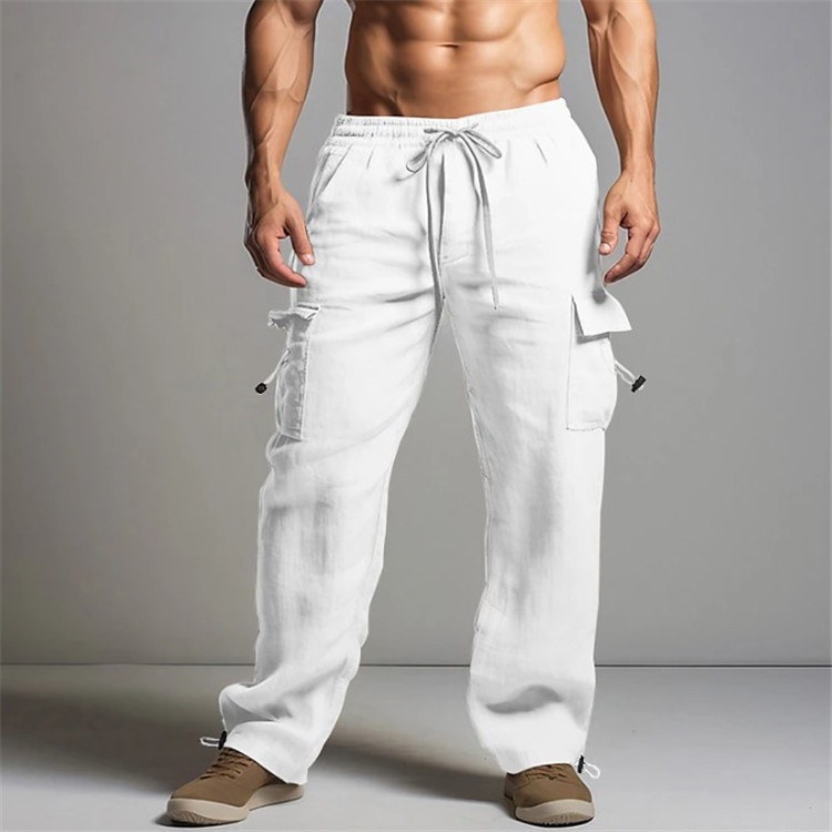 Pantaloni de jogging pentru bărbați, din bumbac și in, de vară, pentru plajă, cu talie elastică și șnur, cu mai multe buzunare, culoare uni, salopetă casual respirabilă
