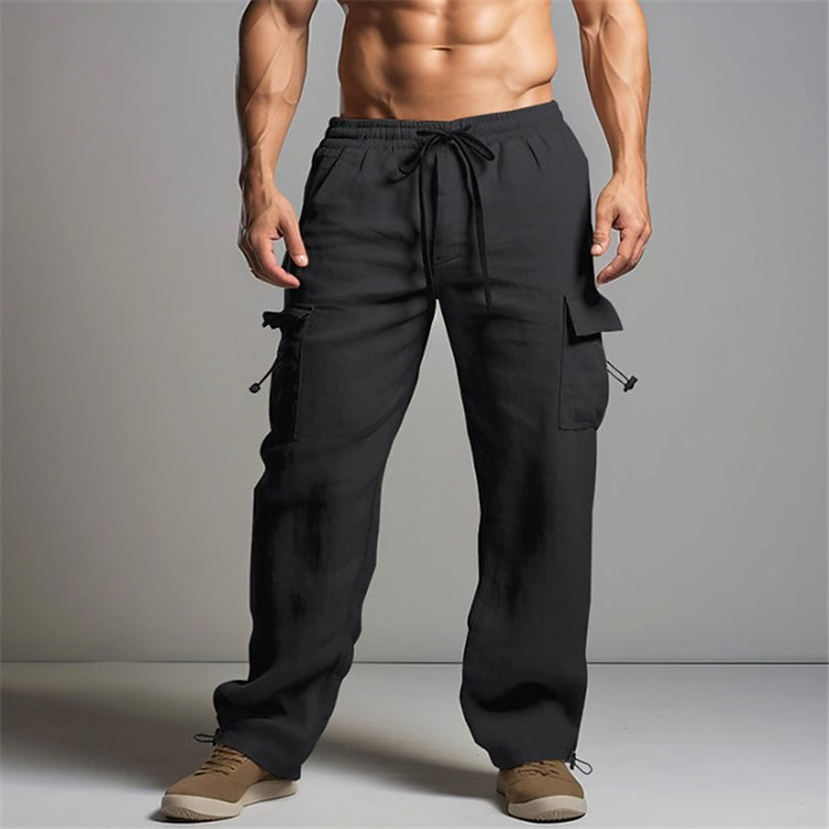 Pantaloni de jogging pentru bărbați, din bumbac și in, de vară, pentru plajă, cu talie elastică și șnur, cu mai multe buzunare, culoare uni, salopetă casual respirabilă
