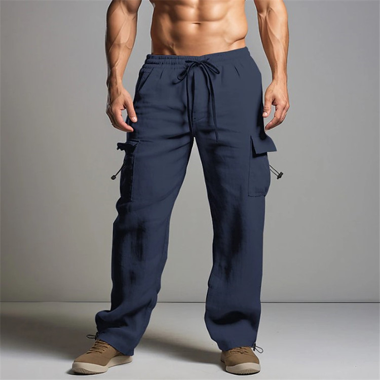 Pantaloni de jogging pentru bărbați, din bumbac și in, de vară, pentru plajă, cu talie elastică și șnur, cu mai multe buzunare, culoare uni, salopetă casual respirabilă