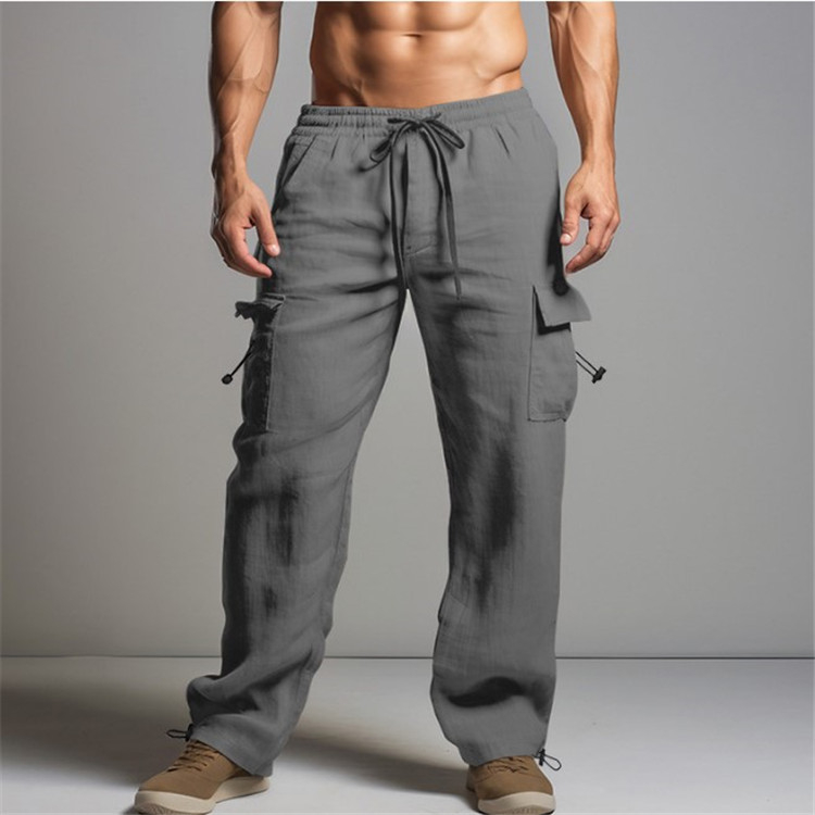 Pantaloni de jogging pentru bărbați, din bumbac și in, de vară, pentru plajă, cu talie elastică și șnur, cu mai multe buzunare, culoare uni, salopetă casual respirabilă