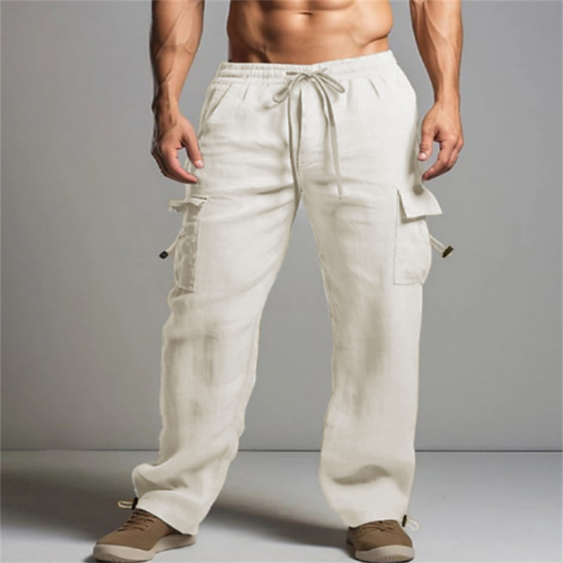 Pantaloni de jogging pentru bărbați, din bumbac și in, de vară, pentru plajă, cu talie elastică și șnur, cu mai multe buzunare, culoare uni, salopetă casual respirabilă