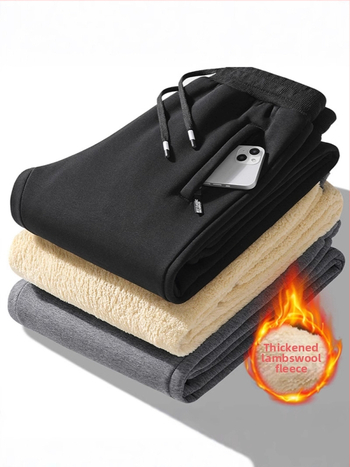 Vyriškos ėrienos vilnos laisvalaikio kelnės, su vilnos pamušalu, sustorintos tiesios kelnės, žieminės, šiltos, vientisos spalvos, raišteliu surišamos, jaunimo sportinės kelnės, vyriški drabužiai