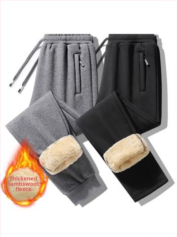 Vyriškos ėrienos vilnos laisvalaikio kelnės, su vilnos pamušalu, sustorintos tiesios kelnės, žieminės, šiltos, vientisos spalvos, raišteliu surišamos, jaunimo sportinės kelnės, vyriški drabužiai