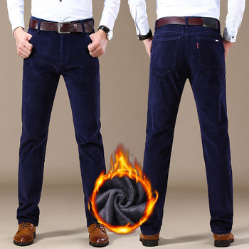 Popularne rastezljive korduro hlače od korduroja za muškarce, hlače od korduroja do sredine struka, podstavljene flisom, zadebljane, ležerne hlače za muškarce srednje dobi, ravne, široke