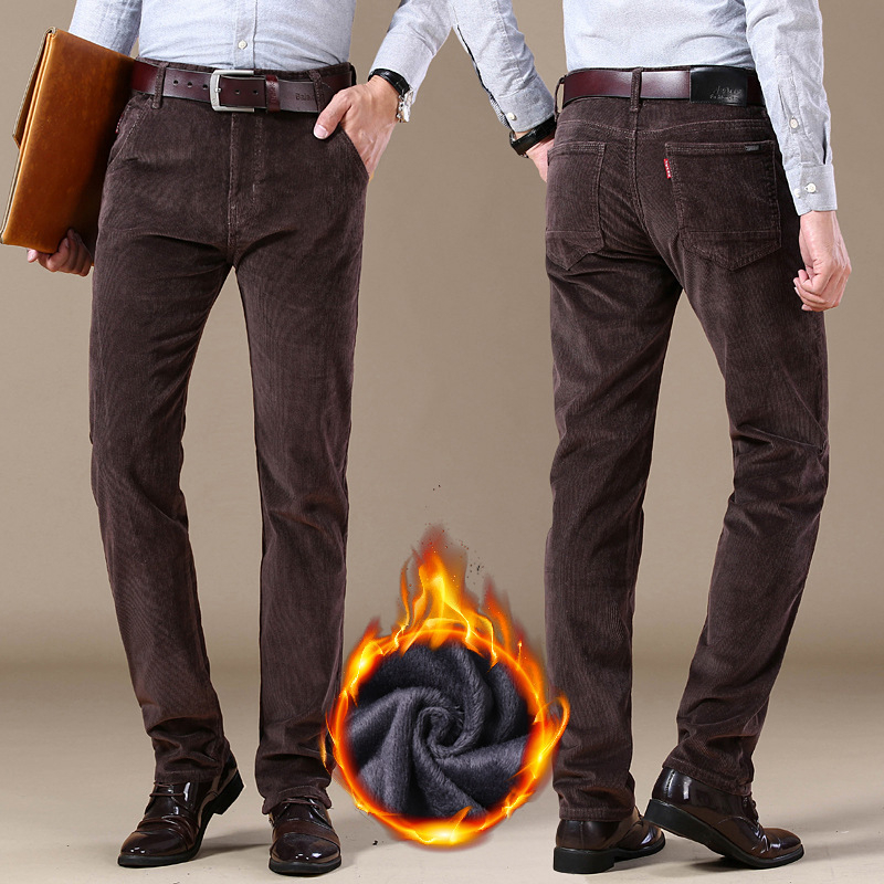 Popularne rastezljive korduro hlače od korduroja za muškarce, hlače od korduroja do sredine struka, podstavljene flisom, zadebljane, ležerne hlače za muškarce srednje dobi, ravne, široke