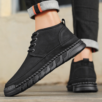 Pantofi sport casual pentru bărbați, toamna și iarna 2024, noi, căptușiți cu fleece, cizme Martin calde, de talie medie, antiderapante, lucrate manual, pantofi din bumbac la modă și versatili